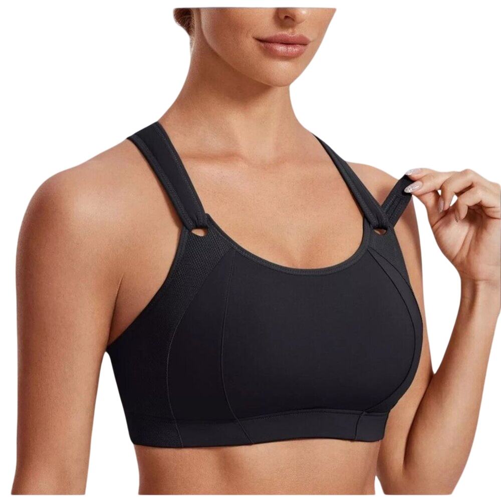 Women 38B Black Sports Bra High Impact Racerback Velcro Straps Support